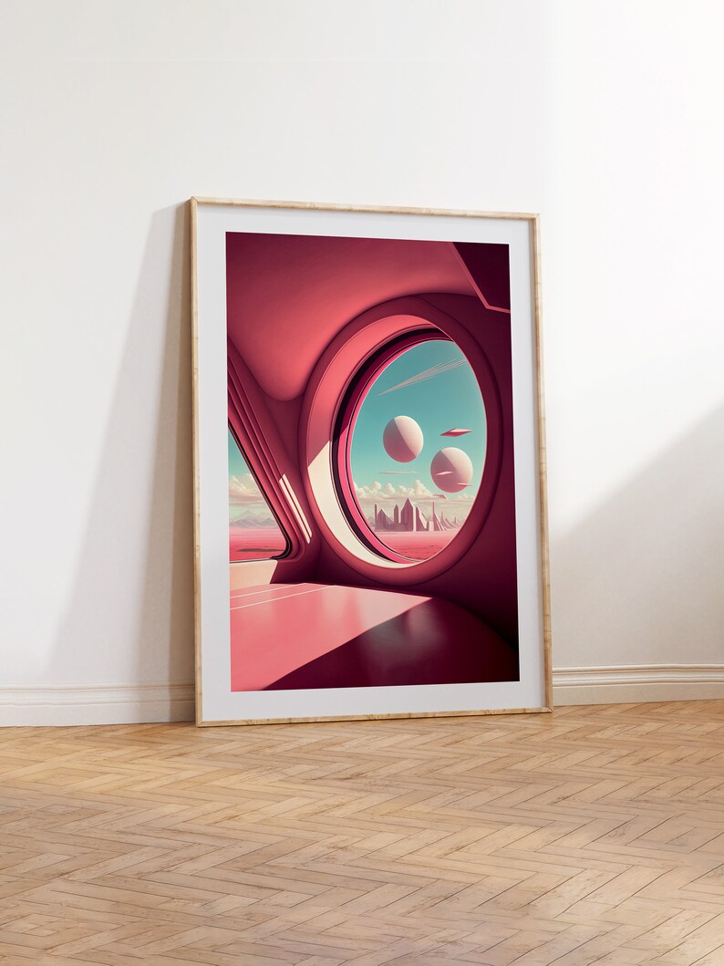 May include: A framed illustration of a pink futuristic interior with a large circular window looking out onto a city skyline and floating orbs in a blue sky.
