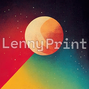 Puede incluir: Una ilustraci&oacute;n digital de una luna grande, naranja y amarilla con un cielo estrellado azul oscuro y verde en el fondo. El texto "Lenny Print" est&aacute; en primer plano.