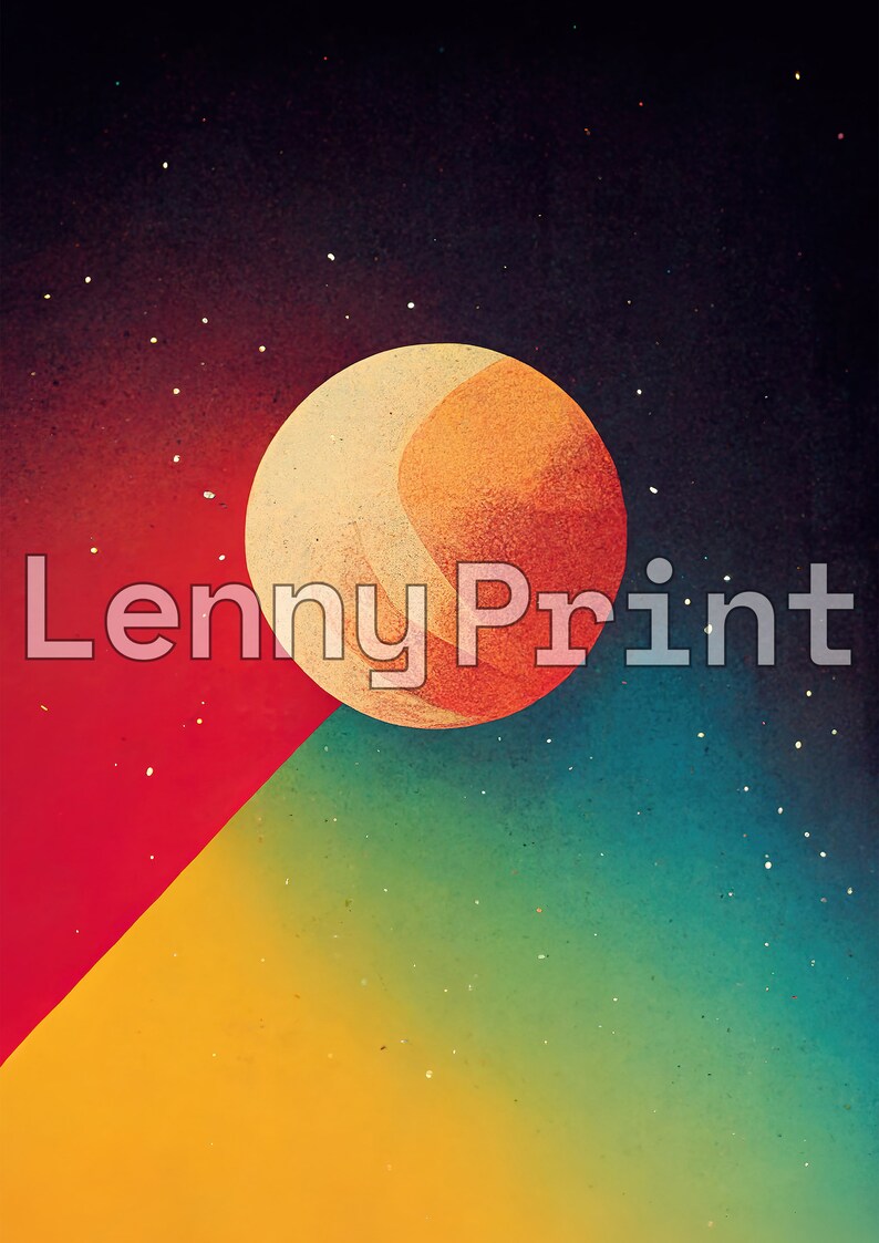 Puede incluir: Una ilustraci&oacute;n digital de una luna grande, naranja y amarilla con un cielo estrellado azul oscuro y verde en el fondo. El texto "Lenny Print" est&aacute; en primer plano.