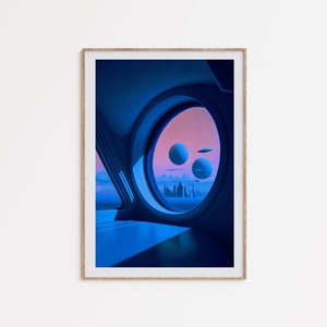 Retrofuturism Art, blue sci-fi art, futuristic space print, retro sci-fi art, celestial poster, space travel art, digital download