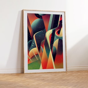 May include: Abstract geometric art print in a wooden frame. The print features a mix of vibrant colors, including red, orange, yellow, green, blue, and black. The design is reminiscent of a futuristic cityscape or a cosmic landscape.