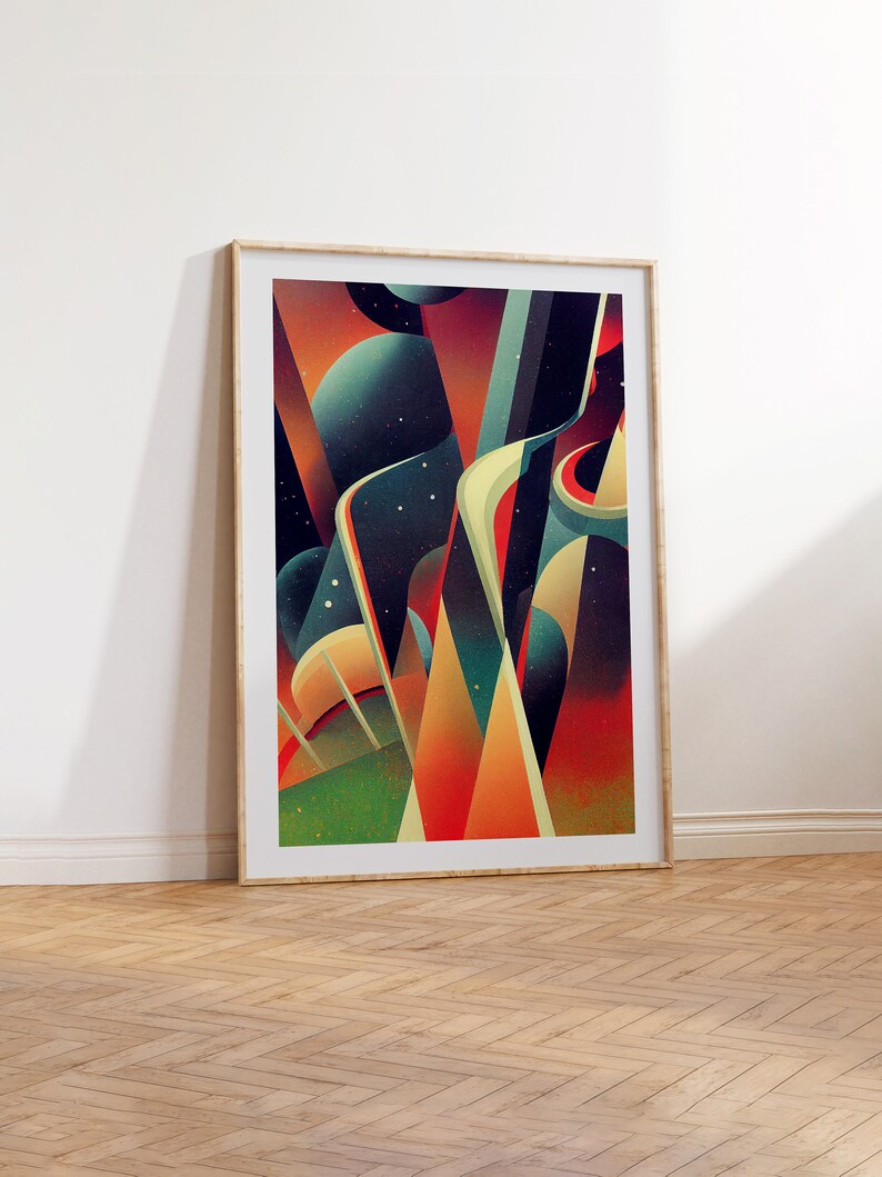 May include: Abstract geometric art print in a wooden frame. The print features a mix of vibrant colors, including red, orange, yellow, green, blue, and black. The design is reminiscent of a futuristic cityscape or a cosmic landscape.