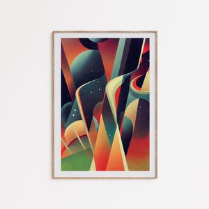 May include: Abstract art print in a wooden frame. The print features a colorful, geometric design with shades of orange, red, yellow, green, and blue.