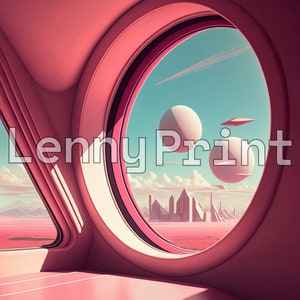 May include: A pink spaceship interior with a large round window looking out at a futuristic city on a red planet. The city is made up of tall, thin buildings and there are two white spheres in the sky.