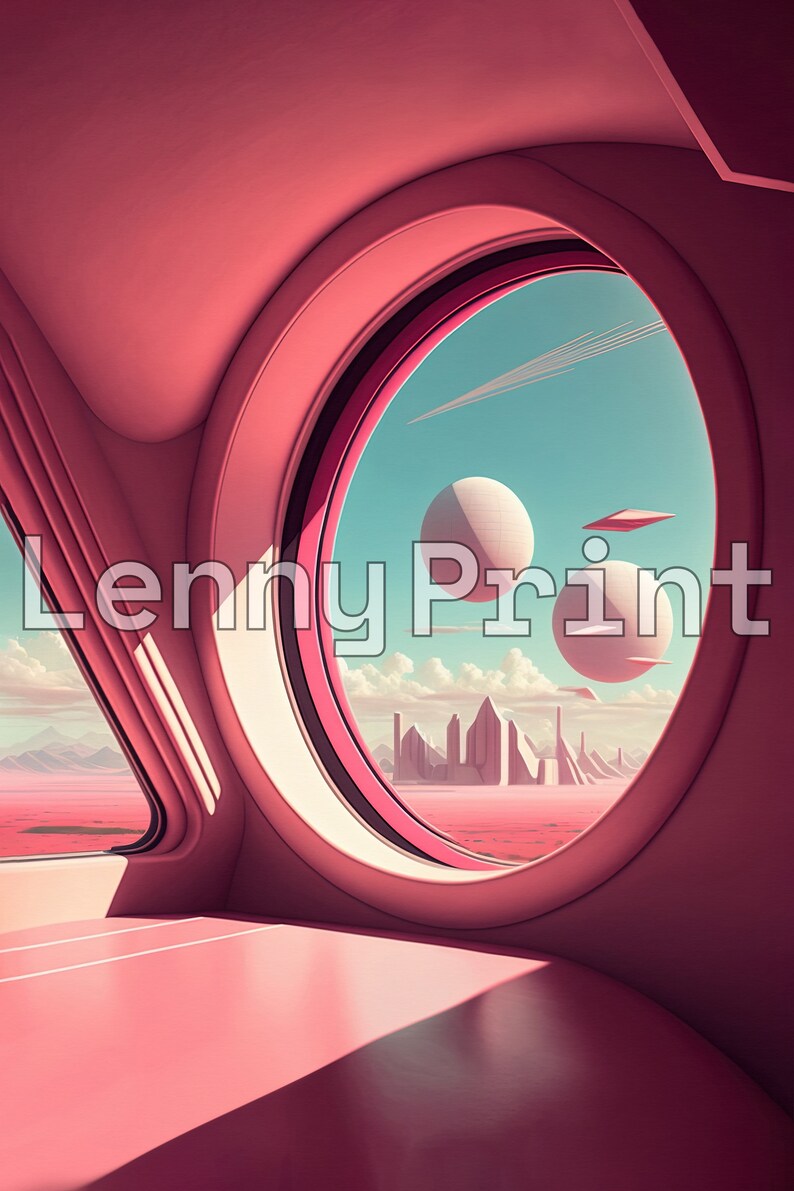 May include: A pink spaceship interior with a large round window looking out at a futuristic city on a red planet. The city is made up of tall, thin buildings and there are two white spheres in the sky.