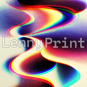 May include: Abstract digital art featuring a swirling pattern of blue, red, yellow, and green lines on a white background. The text "Lenny Print" is visible in the centre of the image.