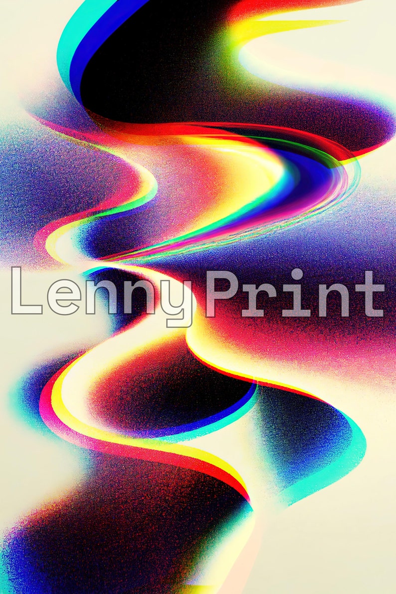 May include: Abstract digital art featuring a swirling pattern of blue, red, yellow, and green lines on a white background. The text "Lenny Print" is visible in the centre of the image.
