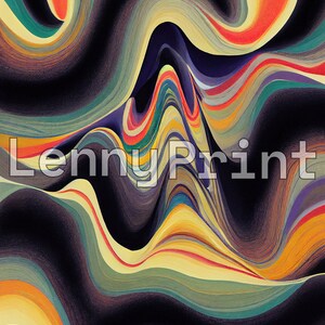 May include: Abstract art print featuring a swirling pattern of colourful lines and shapes. The colours are primarily yellow, orange, red, green, and blue. The background is black.
