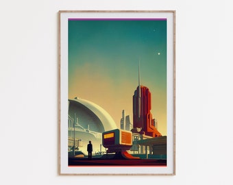 Arte espacial retrofuturismo, impresiones de ciencia ficción vintage, cartel de viajes espaciales, obras de arte espaciales surrealistas, descarga de arte celestial, ciencia ficción retro