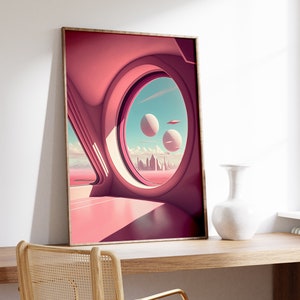 May include: A framed print of a futuristic cityscape viewed through a large, round window. The room is painted in a vibrant pink hue, creating a surreal and modern aesthetic.