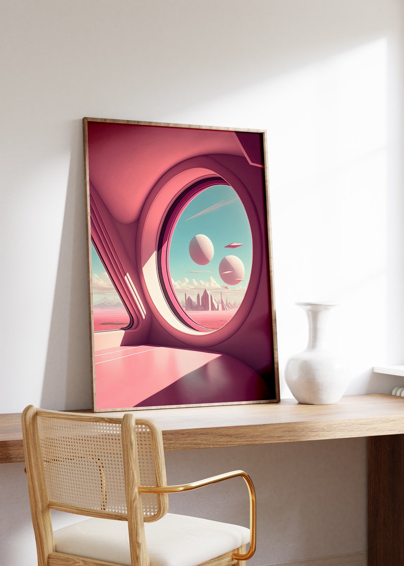 May include: A framed print of a futuristic cityscape viewed through a large, round window. The room is painted in a vibrant pink hue, creating a surreal and modern aesthetic.