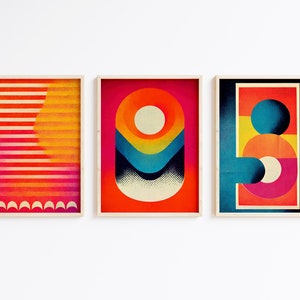 Conjunto de carteles Bauhaus de 3, colorido paquete de pared de galería, colección de arte de los años 70, arte geométrico, descarga imprimible, impresión abstracta, maximalismo
