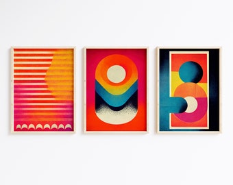 Bauhaus Poster set of 3, colorful gallery wall bundle, 70s art collection, geometric art, printable download, abstract print, maximalism