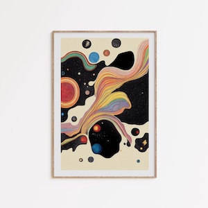 Impressão de arte espacial caprichosa, arte de ficção científica vintage, pôster de futurismo retrô, impressão espacial abstrata, arte de planeta colorida, arte de parede retrô
