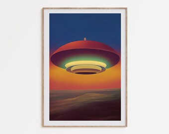 Retro Futurism UFO Art, retro wydruk kosmiczny, plakat vintage UFO, sztuka science fiction z lat 70., sztuka kosmiczna starej szkoły, plakat surrealistyczny, pobieranie cyfrowe