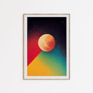 Colorido Retro Space Print, cartel de ciencia ficción vintage, psicodélico arco iris, arte de pared de los años 70, decoración de astronomía, arte imprimible, planeta de futurismo retro