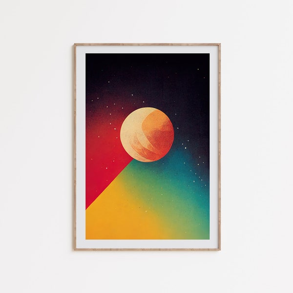 Colorful Retro Space Print, vintage sci-fi poster, rainbow psychedelic, 70s wall art, astronomy decor, printable art, retro futurism planet