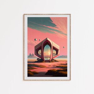 Retrofuturism Art, pink sci-fi art, mid century space print, retro sci-fi art, fantasy celestial art, digital download, printable art