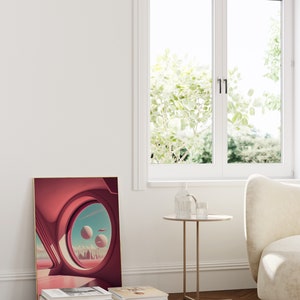 May include: A framed print of a pink and blue abstract art piece with a circular window looking out to a city skyline. The print is on a white wall next to a window with a view of green trees. A small round table with a glass vase and a glass on top sits in front of the print.