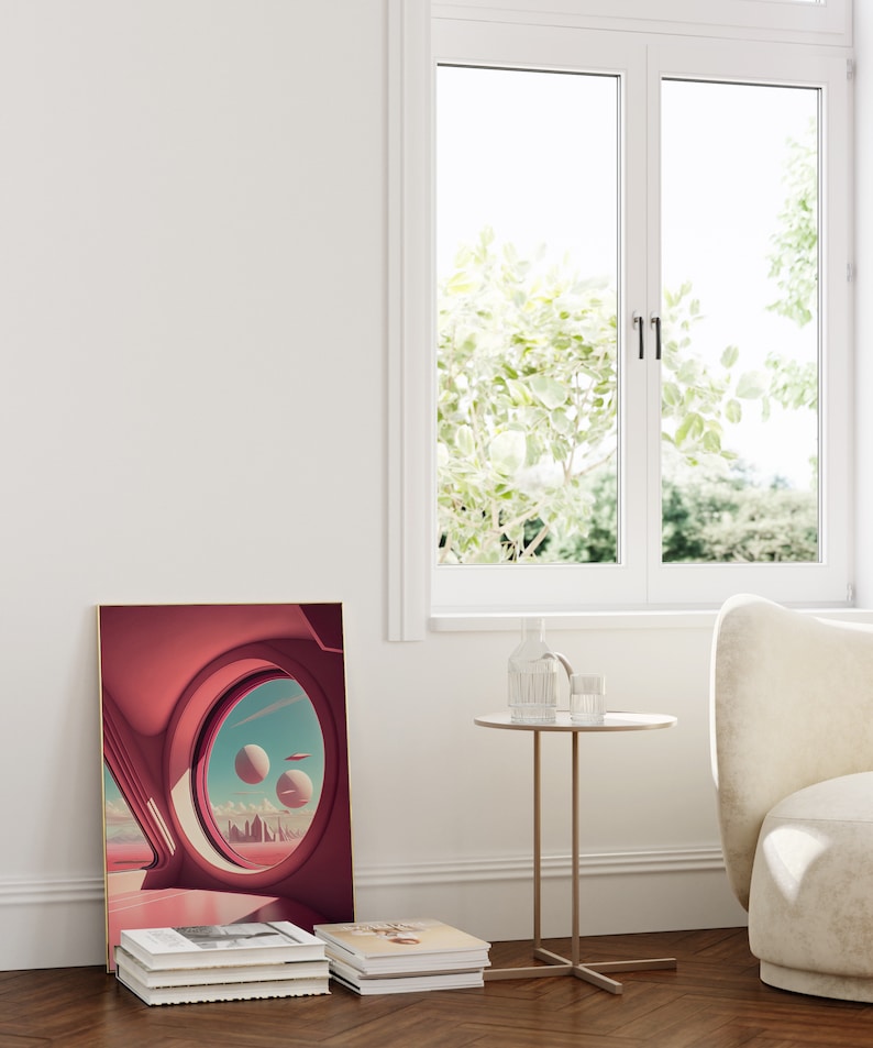 May include: A framed print of a pink and blue abstract art piece with a circular window looking out to a city skyline. The print is on a white wall next to a window with a view of green trees. A small round table with a glass vase and a glass on top sits in front of the print.