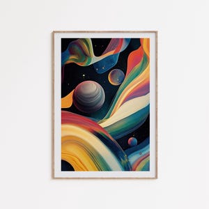Trippy Cosmos Kunst, abstrakter Regenbogen, psychedelisches Dekor, surreale Weltraumkunst, Retrofuturismus Plakat, Retro Sci-Fi, Science Fiction, digital