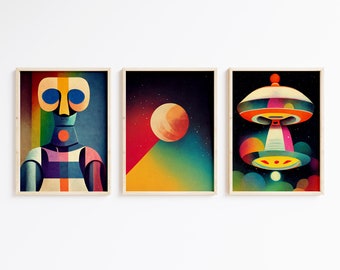Peut inclure: Trois illustrations encadrées sur le thème de l'espace rétro. La première montre un robot coloré aux yeux bleus. La deuxième montre une planète dans un ciel étoilé. La troisième montre une soucoupe volante au design coloré.