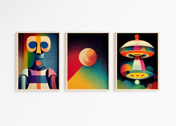 Vintage Sci-Fi Art Poster set of 3, robot art, retro futurism gallery wall, UFO print set, celestial printable art, space art triptych