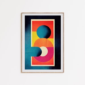 Arte retro Bauhaus, descarga imprimible, cartel minimalista geométrico, impresión colorida vibrante, cartel gráfico atrevido, decoración de pared de los años 70, mediados de siglo