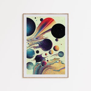 Puede incluir: Impresión de arte abstracto con un diseño colorido y en espiral que recuerda a una galaxia. La impresión presenta una variedad de círculos negros, azules, rojos y amarillos sobre un fondo verde claro.
