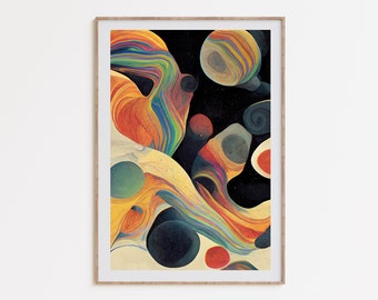 Chromatic Cosmos, abstract rainbow art, psychedelic wall decor, surreal space art, absurdist poster, retro sci-fi art, digital download