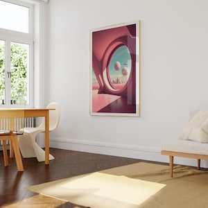 May include: A framed print of a pink and blue abstract art piece. The art features a large circular window with a view of a city skyline and three floating orbs.