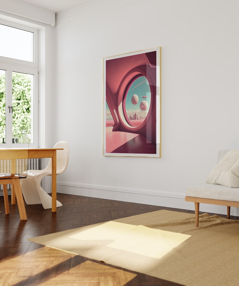 May include: A framed print of a pink and blue abstract art piece. The art features a large circular window with a view of a city skyline and three floating orbs.