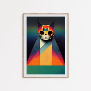 Op de afbeelding: Een geometrische illustratie van een kat die een kleurrijk masker en een zonnebril draagt tegen een donkere achtergrond. De kat is gestileerd en abstract afgebeeld, met scherpe hoeken en levendige kleuren.