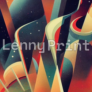 May include: Abstract geometric art print with a mix of orange, red, yellow, blue, and green colors. The print features a variety of shapes and lines, creating a dynamic and visually interesting composition. The text "Lenny Print" is visible in the center of the print.