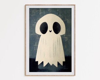 Niedlicher Vintage Halloween Geist | große druckbare Kunst | retro halloween poster | Mid Century Dekor | halloween wandbilder | gruselige Jahreszeit