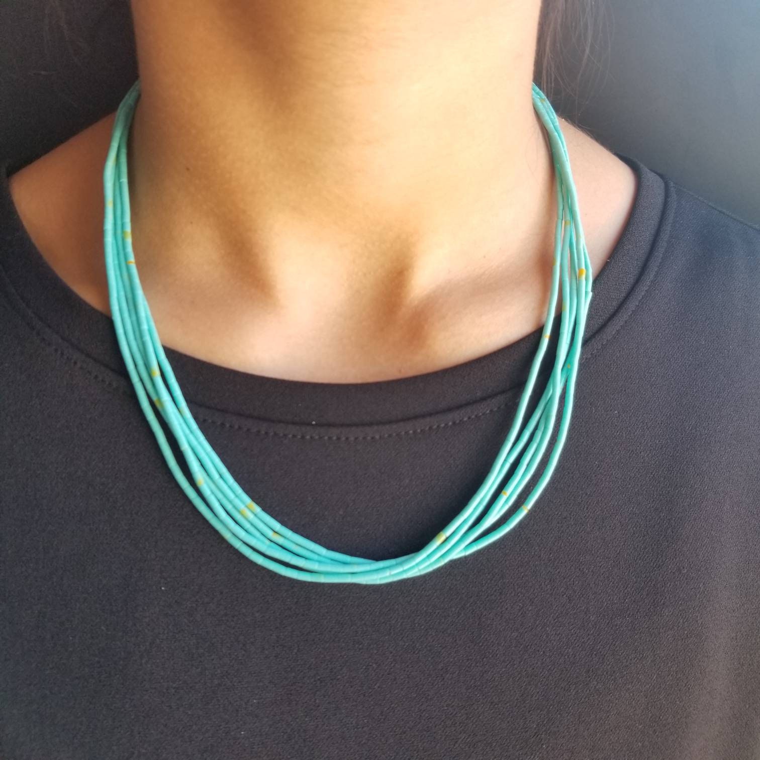 Turquoise Heishi Necklace: Southwestern 5-Strand Sterling Silver