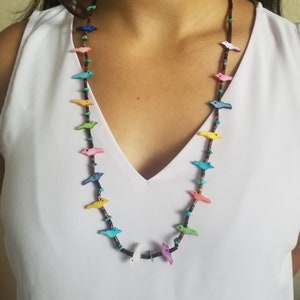 Bird Necklace/Natural seashell Heishi Necklace/Multi ColorFetish Birds/Turquoise Southwestern Jewelry