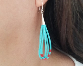 New Dangle Turquoise Heishi Earrings/ Southwest Style Earrings/ Sterling Silver Blue Red Earrings/ Made in USA