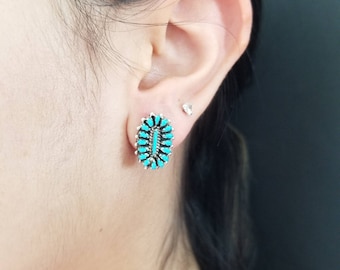 Turquoise Post Oval Earrings/Petit point Sterling Silver Post Earrings / Cluster Earrings/ Blue Earrings.