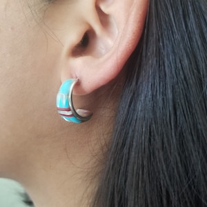 Sterling Silver Hoops. Inlay  Turquoise with Red MOP Hoops/Blue Hoop Earrings/Southwestern Hoops/Sterling Silver Small Hoops