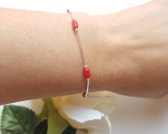 Liquid Sterling Silver Bracelet: Red Coral Bead, Handmade USA