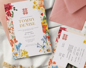 Plantilla de invitación de boda botánica china: Doble felicidad (digital)