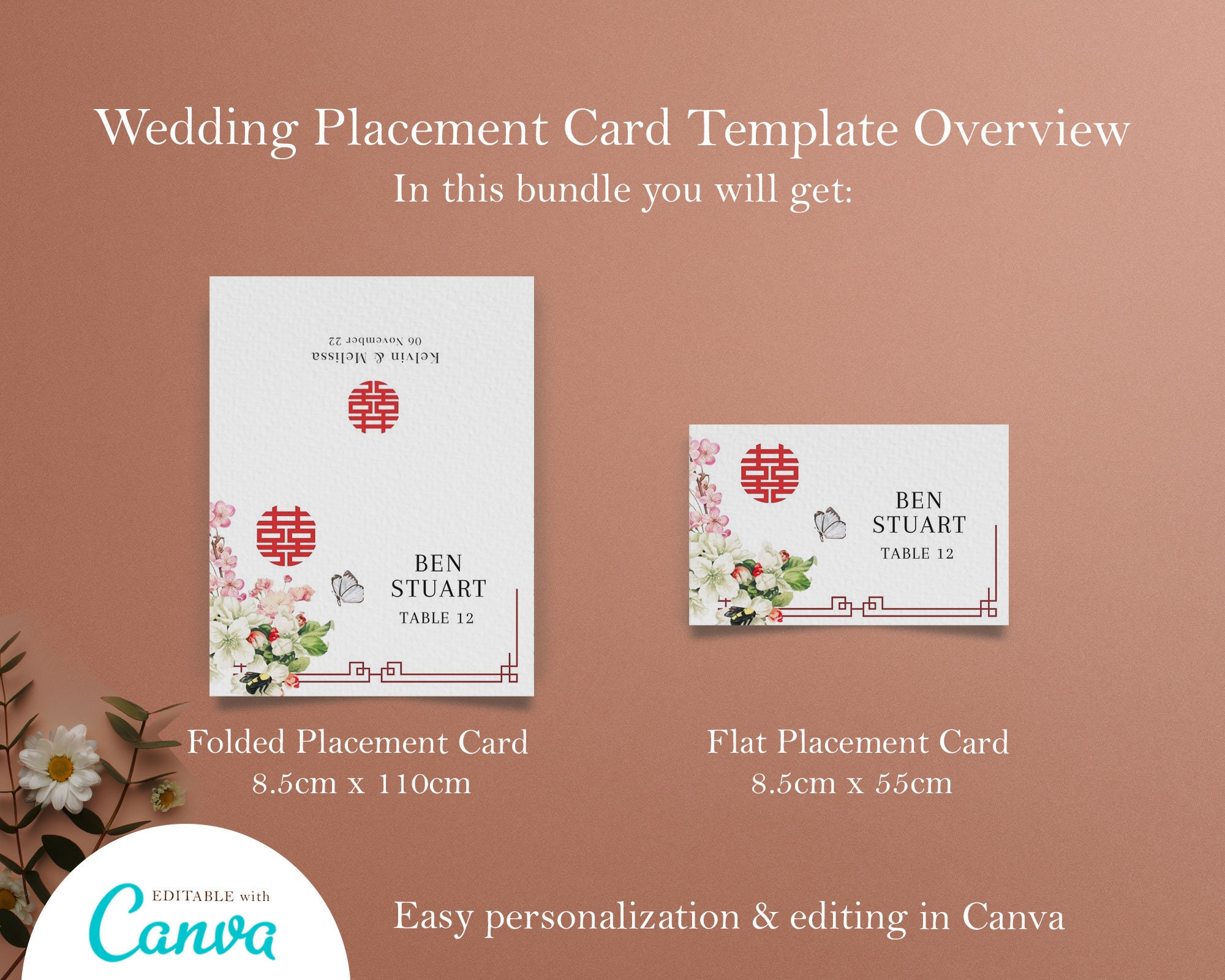Asian Place Card Template, Printable Chinese Wedding Detail Place Card ...