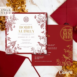 Modèle de carte d'invitation de mariage vietnamien, carte de cérémonie du thé Thiep Cuoi, mariage vietnamien américain, oiseau d'amour Double bonheur en or rouge