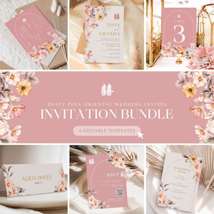 Chinesische Hochzeitseinladungs-Vorlagen-Bundle, orientalische minimalistische asiatische Hochzeitskarte, romantische Staubrosa-Blumen mit doppeltem Glück 结婚请柬
