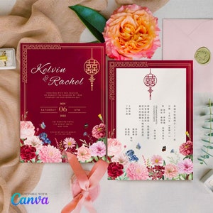 Plantilla de tarjeta de invitación de boda china, tarjeta de boda asiática imprimible, doble felicidad 结婚请柬 Oriental Borgoña Rojo Floral Inglés Mandarín