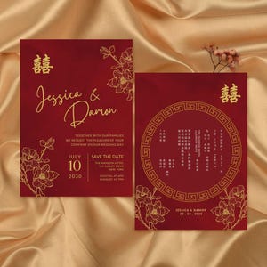 Chinesische Hochzeitseinladung mit Rotgold-Pfingstrose, Blumen, Asiatische Zweisprachige Klassische Chinesische Orientalische Hochzeit, Chinoiserie Doppeltes Glück !!