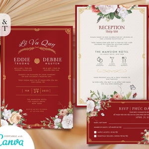 Vietnamesische Hochzeitseinladung Kartenvorlage, Le Vu Quy Thiep Cuoi, Amerikanisch-Vietnamesische Teezeremonie Hochzeitskarte, Rotgold Botanisches Blumenmuster