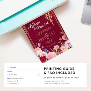 Chinese Wedding Invitation Card Template Bundle, Asian Wedding Card Double Happiness DIY Printable 结婚请柬 Oriental Burgundy Red Floral
