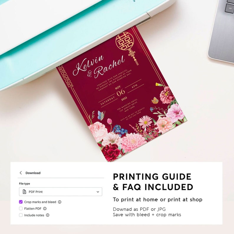 Chinese Wedding Invitation Card Template Bundle, Asian Wedding Card Double Happiness DIY Printable 结婚请柬 Oriental Burgundy Red Floral